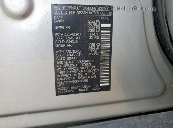 KNMAT2MV5GP688253 2016 NISSAN ROGUE Silver Widok naklejki z numerem VIN