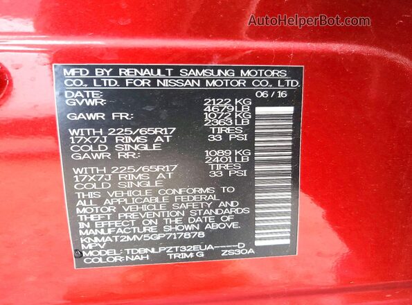 KNMAT2MV5GP717878 2016 NISSAN ROGUE Красный Вид наклейки с VIN-кодом