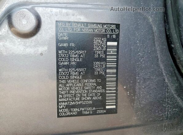 KNMAT2MV5HP521599 2017 NISSAN ROGUE Gray Vista de la etiqueta del VIN
