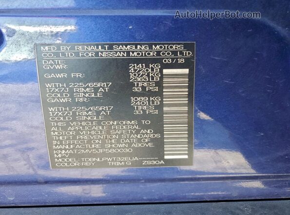 KNMAT2MV5JP580030 2018 NISSAN ROGUE Синий Вид наклейки с VIN-кодом
