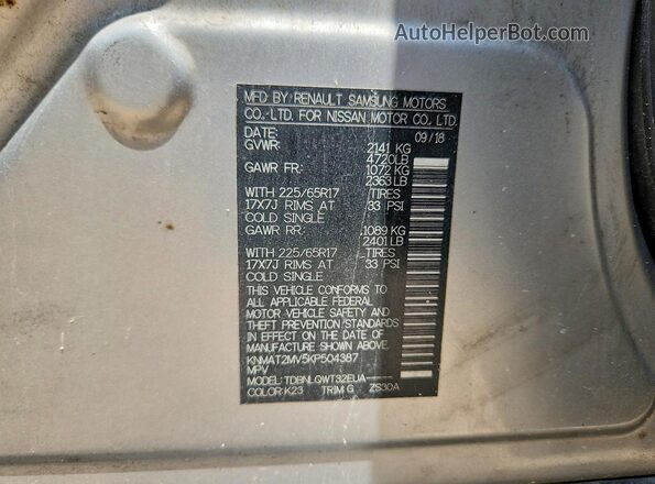 KNMAT2MV5KP504387 2019 NISSAN ROGUE Silver Вид наклейки з VIN-кодом