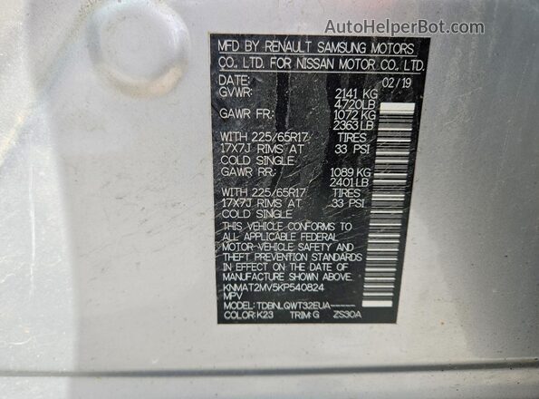 KNMAT2MV5KP540824 2019 NISSAN ROGUE Silver VIN sticker view