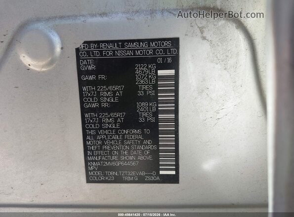 KNMAT2MV6GP644567 2016 NISSAN ROGUE Silver Շարժիչի բաժամունքի տեսք