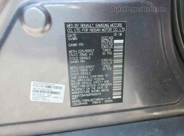 KNMAT2MV6GP656573 2016 NISSAN ROGUE Gray Widok naklejki z numerem VIN