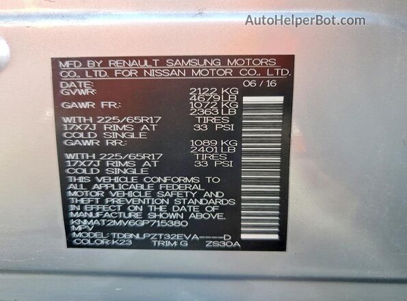 KNMAT2MV6GP715380 2016 NISSAN ROGUE Silver VIN կոդի պիտակի տեսք