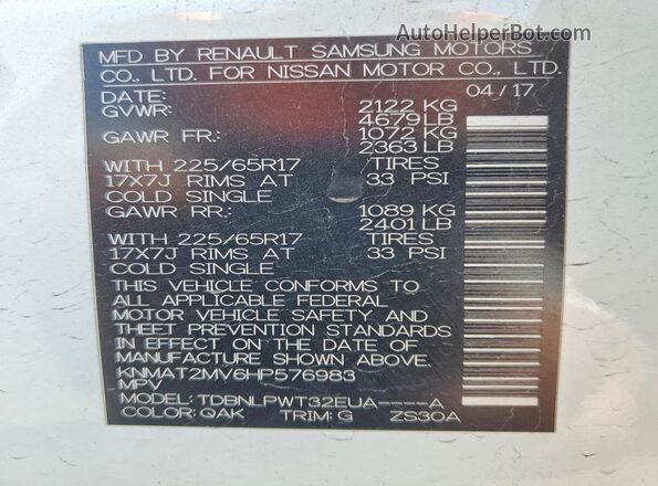 KNMAT2MV6HP576983 2017 NISSAN ROGUE White VIN sticker view