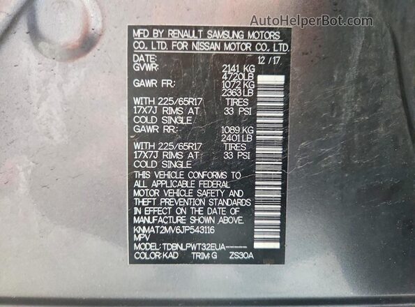 KNMAT2MV6JP543116 2018 NISSAN ROGUE Gray VIN կոդի պիտակի տեսք