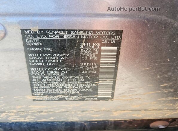 KNMAT2MV6JP572969 2018 NISSAN ROGUE Gray VIN կոդի պիտակի տեսք