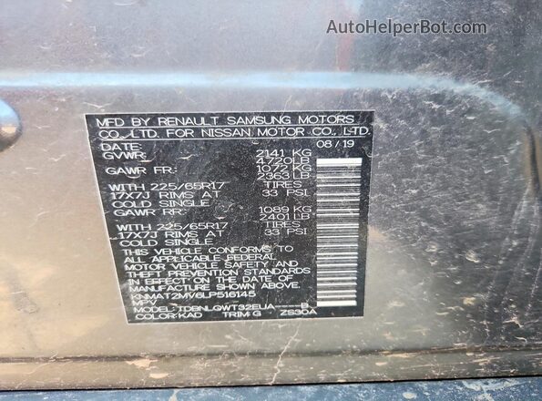KNMAT2MV6LP516145 2020 NISSAN ROGUE Gray VIN კოდის სტიკერის ხედი
