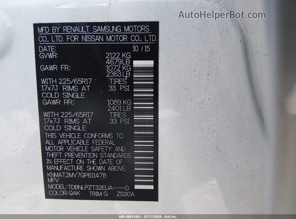 KNMAT2MV7GP611478 2016 NISSAN ROGUE White Engine compartment view