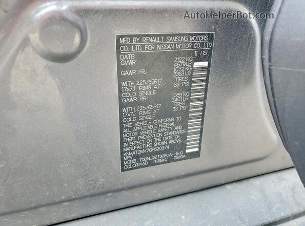 KNMAT2MV7GP620374 2016 NISSAN ROGUE Gray VIN sticker view
