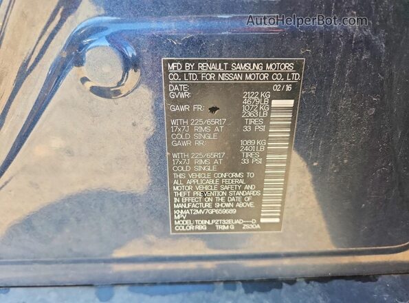 KNMAT2MV7GP659689 2016 NISSAN ROGUE Blue Vista de la etiqueta del VIN