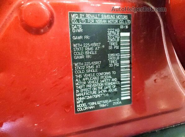 KNMAT2MV7GP677108 2016 NISSAN ROGUE Red Вид наклейки з VIN-кодом
