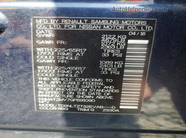 KNMAT2MV7GP691090 2016 NISSAN ROGUE Blue Vista de la etiqueta del VIN