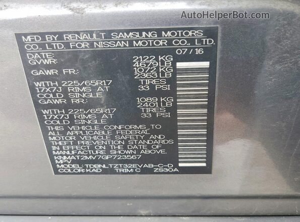KNMAT2MV7GP723567 2016 NISSAN ROGUE Gray VIN sticker view