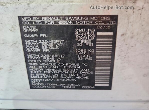 KNMAT2MV7JP562905 2018 NISSAN ROGUE White VIN sticker view