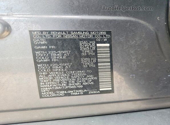 KNMAT2MV7JP565769 2018 NISSAN ROGUE Gray Շարժիչի բաժամունքի տեսք