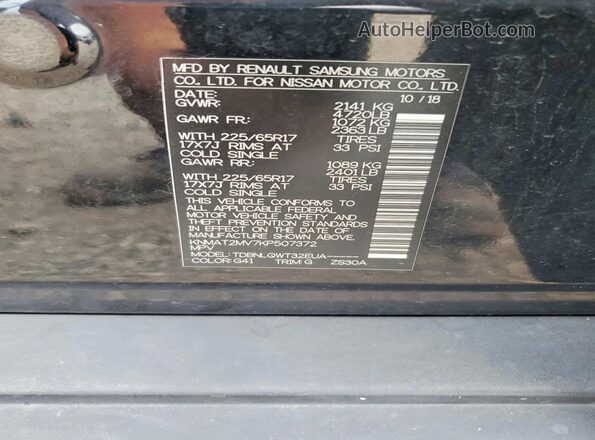 KNMAT2MV7KP507372 2019 NISSAN ROGUE Black Vista de la etiqueta del VIN