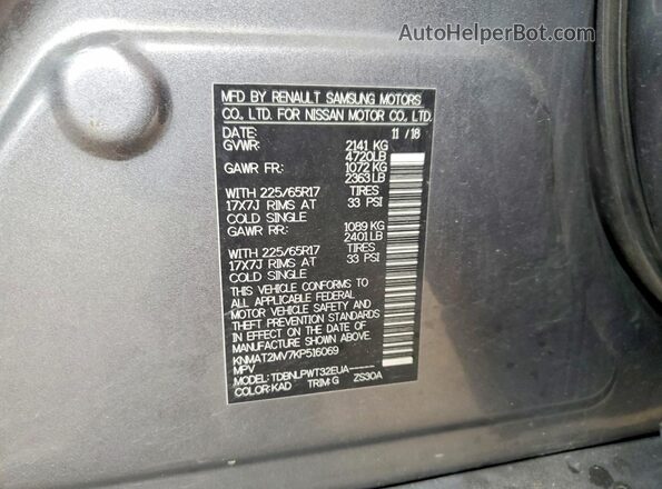 KNMAT2MV7KP516069 2019 NISSAN ROGUE Gray VIN կոդի պիտակի տեսք