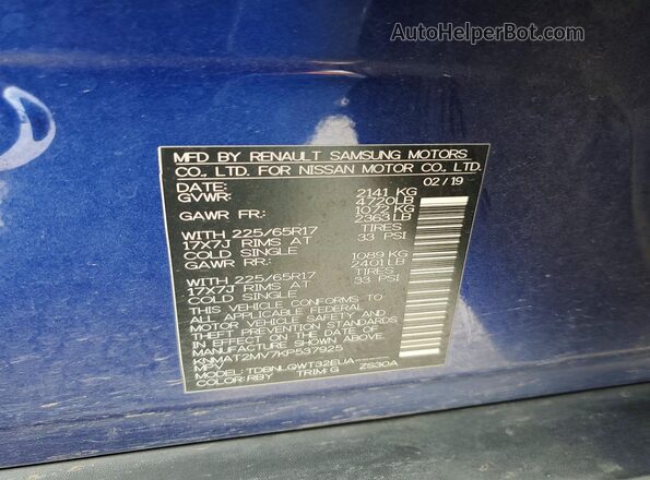 KNMAT2MV7KP537925 2019 NISSAN ROGUE Blue Widok naklejki z numerem VIN