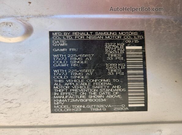 KNMAT2MV8GP600134 2016 NISSAN ROGUE Silver Вид наклейки з VIN-кодом