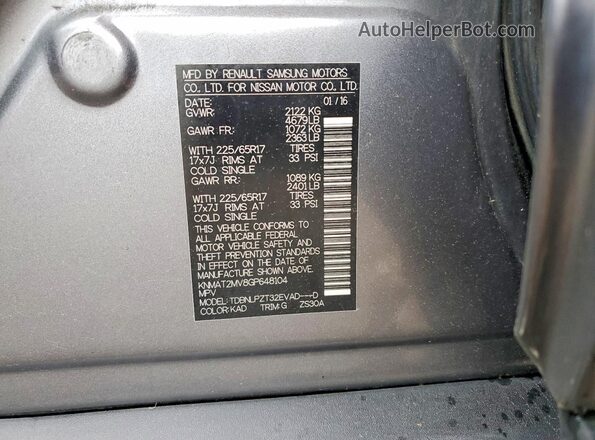 KNMAT2MV8GP648104 2016 NISSAN ROGUE Gray Widok naklejki z numerem VIN