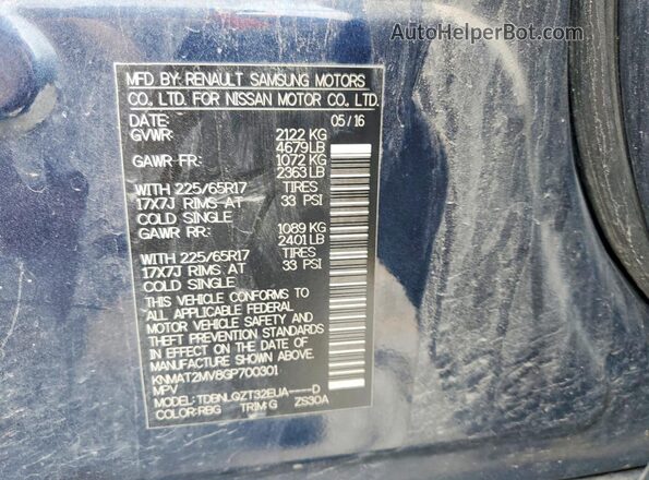KNMAT2MV8GP700301 2016 NISSAN ROGUE Charcoal VIN კოდის სტიკერის ხედი