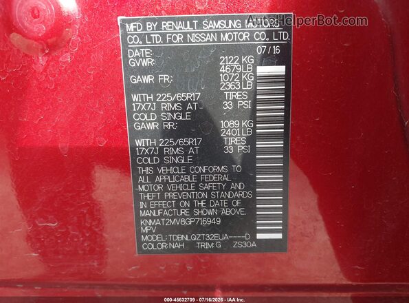 KNMAT2MV8GP716949 2016 NISSAN ROGUE Red Հետևի տեսք