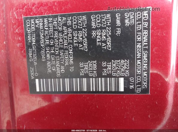 KNMAT2MV8GP716949 2016 NISSAN ROGUE Red Շարժիչի բաժամունքի տեսք
