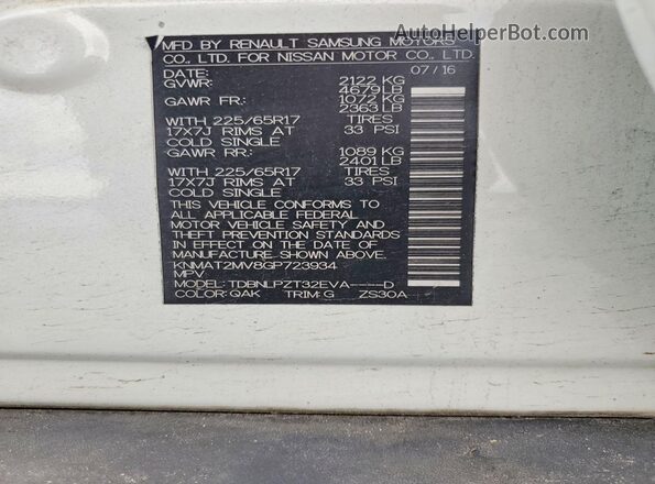 KNMAT2MV8GP723934 2016 NISSAN ROGUE White Vista interior de 360 grados