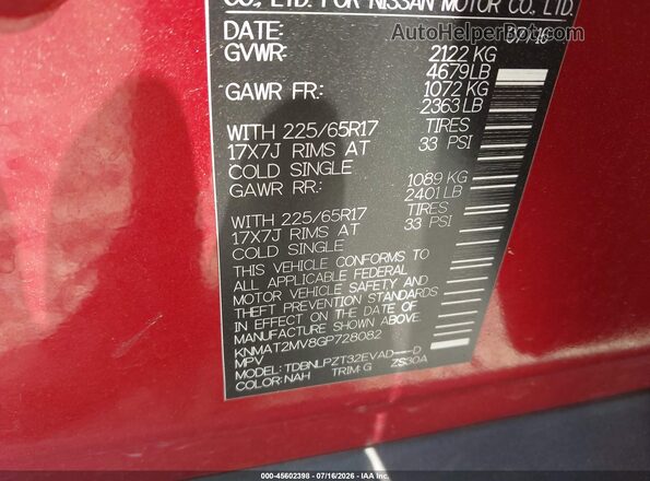 KNMAT2MV8GP728082 2016 NISSAN ROGUE Red Вид підкапотного простору