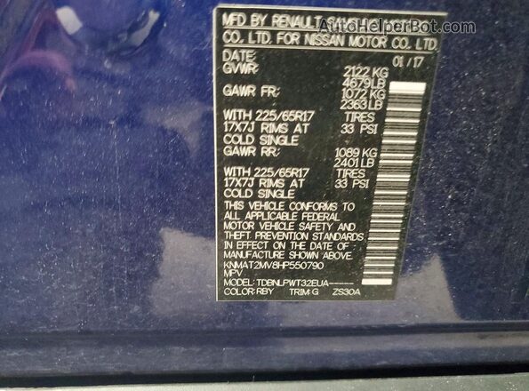 KNMAT2MV8HP550790 2017 NISSAN ROGUE Blue VIN կոդի պիտակի տեսք