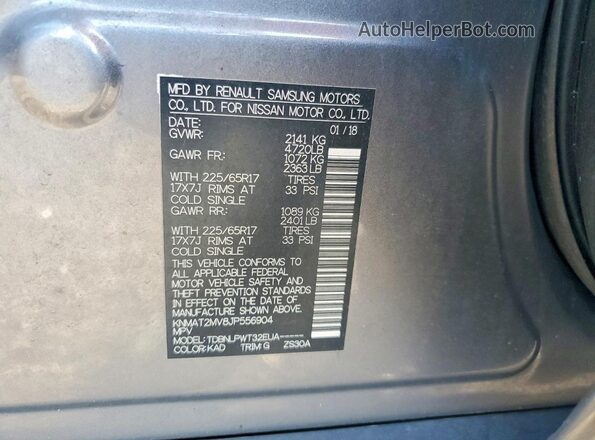 KNMAT2MV8JP556904 2018 NISSAN ROGUE Gray VIN კოდის სტიკერის ხედი