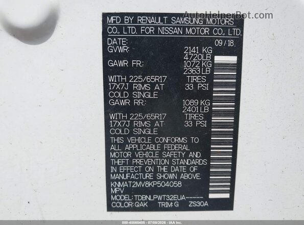 KNMAT2MV8KP504058 2019 NISSAN ROGUE White Engine compartment view