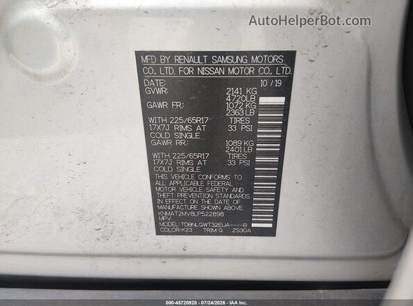 KNMAT2MV8LP522898 2020 NISSAN ROGUE Silver Engine compartment view