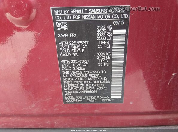 KNMAT2MV9GP598099 2016 NISSAN ROGUE Red Vista del compartimento del motor