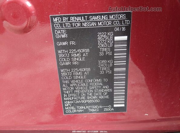 KNMAT2MV9GP685050 2016 NISSAN ROGUE Red Շարժիչի բաժամունքի տեսք