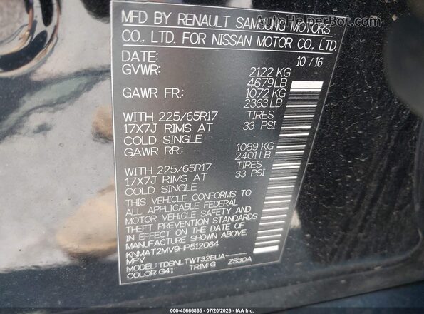 KNMAT2MV9HP512064 2017 NISSAN ROGUE Black Widok komory silnika