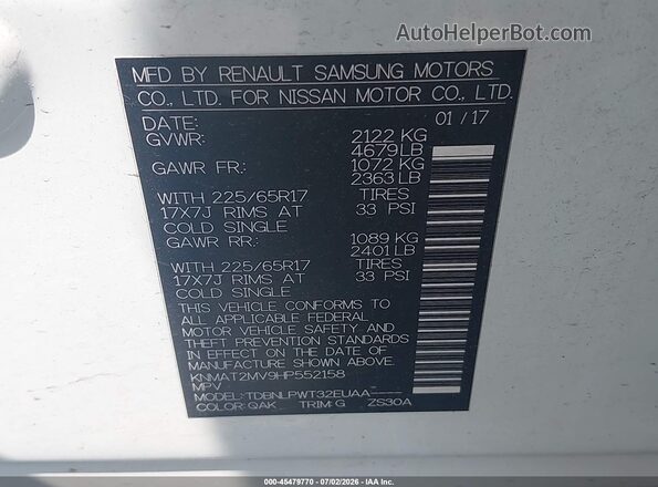 KNMAT2MV9HP552158 2017 NISSAN ROGUE White Շարժիչի բաժամունքի տեսք
