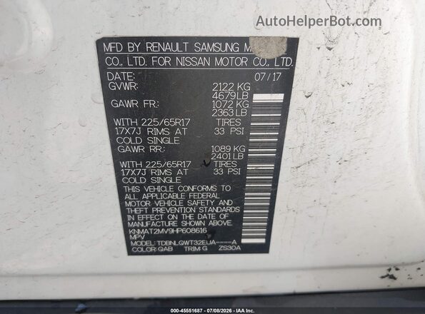 KNMAT2MV9HP608616 2017 NISSAN ROGUE White Շարժիչի բաժամունքի տեսք