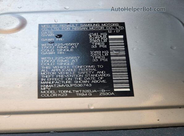 KNMAT2MV9JP536743 2018 NISSAN ROGUE Серебряный Вид наклейки с VIN-кодом