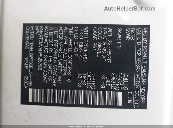 KNMAT2MV9LP528788 2020 NISSAN ROGUE White Вид підкапотного простору