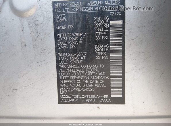 KNMAT2MV9LP541525 2020 NISSAN ROGUE Silver Vista del compartimento del motor