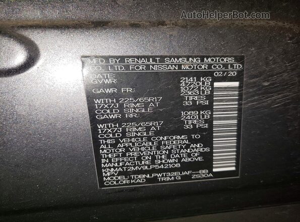 KNMAT2MV9LP542108 2020 NISSAN ROGUE Gray Vista de la etiqueta del VIN