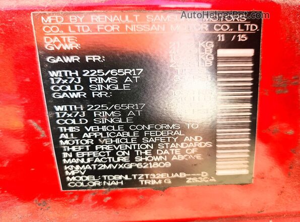 KNMAT2MVXGP621809 2016 NISSAN ROGUE Red Widok naklejki z numerem VIN
