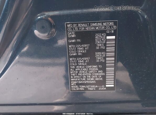 KNMAT2MVXGP659265 2016 NISSAN ROGUE Blue Engine compartment view