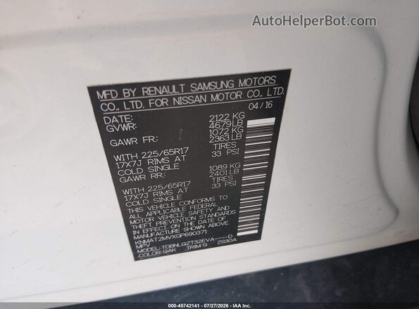 KNMAT2MVXGP690371 2016 NISSAN ROGUE White Vista del compartimento del motor