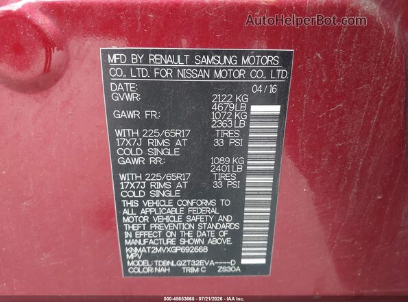 KNMAT2MVXGP692668 2016 NISSAN ROGUE Red ძრავის განყოფილების ხედი