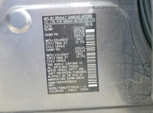 KNMAT2MVXGP696509 2016 NISSAN ROGUE Silver Vista de la etiqueta del VIN