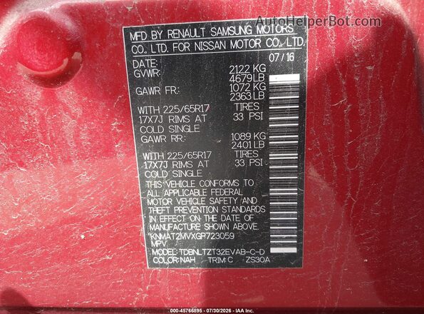 KNMAT2MVXGP723059 2016 NISSAN ROGUE Maroon Widok komory silnika